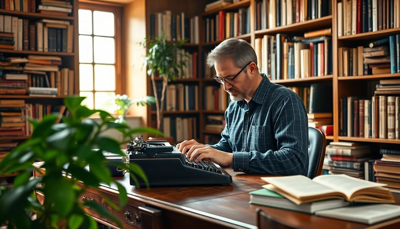 Author writing on a typewriter amidst a cozy library setting, radiating creativity and inspiration.