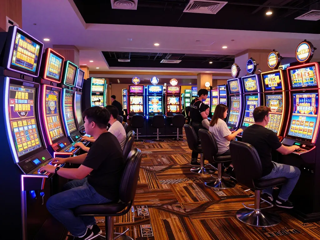 Players spinning slot machines with colorful displays in a lively casino atmosphere
