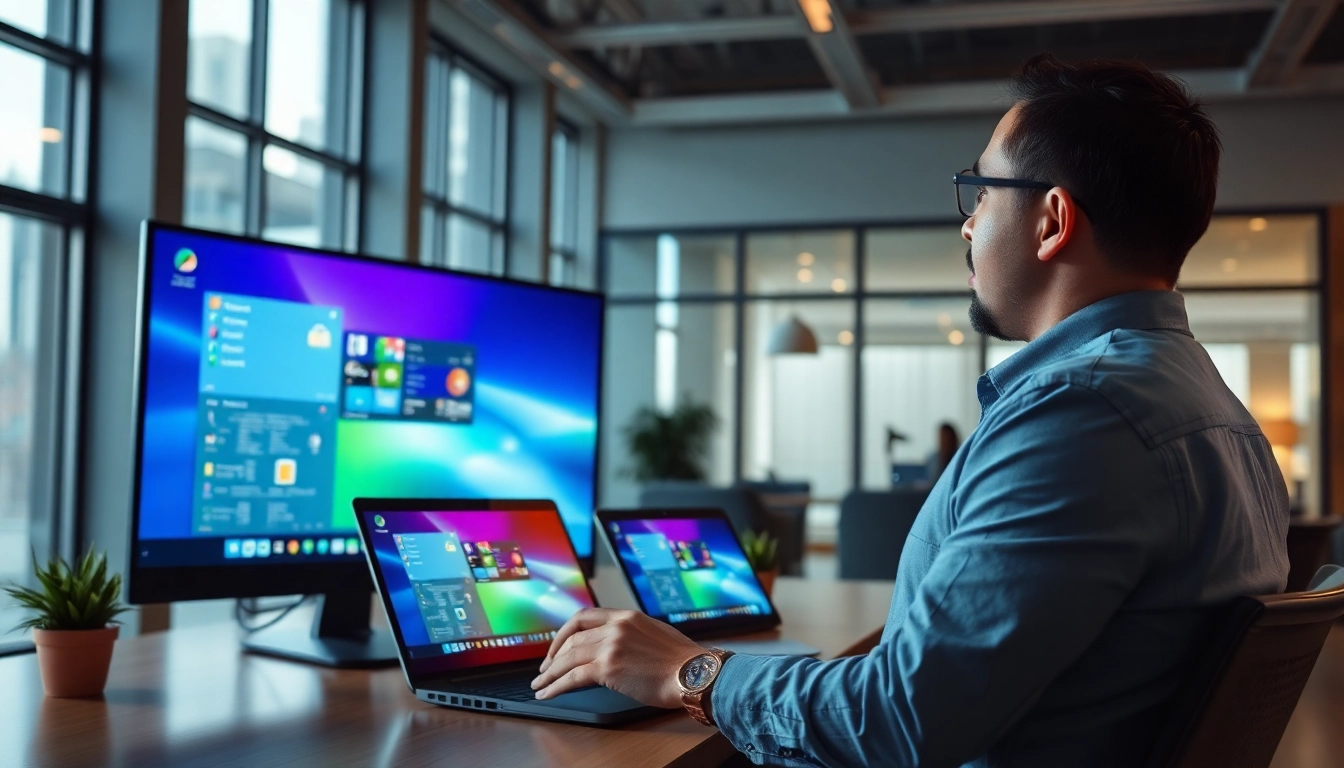 Interact with Virtual Desktop Infrastructure (VDI) through multiple devices in a modern office.