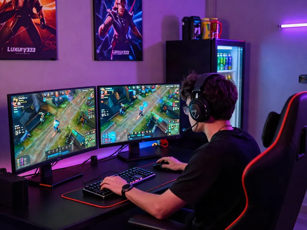 Player immersed in Luxury333 online gaming with multiple screens showcasing advanced Consensus Layer technology and high-resolution graphics.