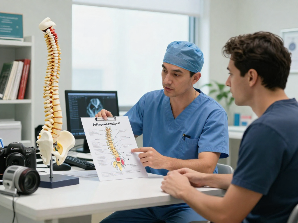 Consultation on Bel kayması ameliyatı with a surgeon explaining treatment options in a bright medical office.