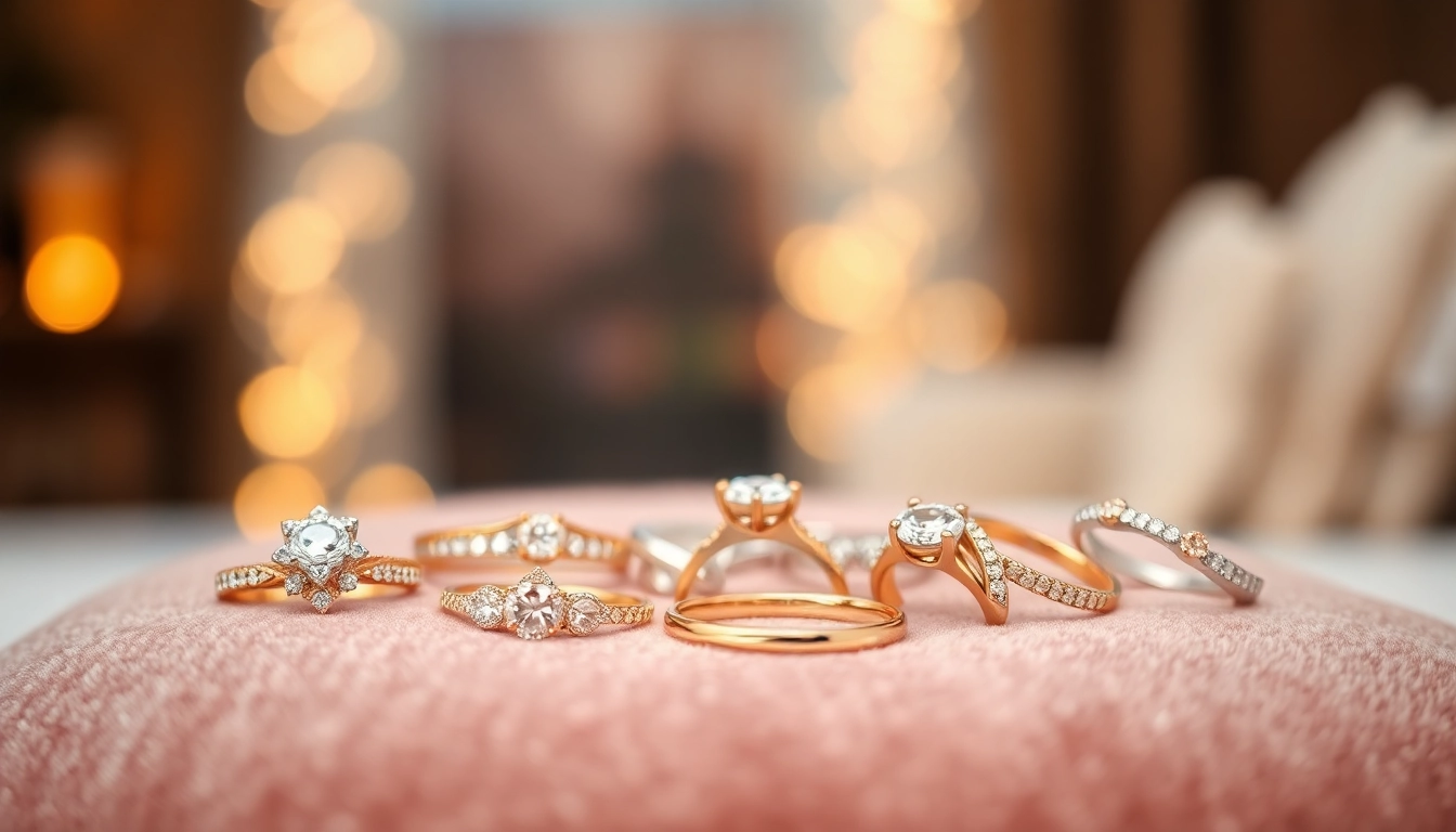 Adorned promise rings elegantly arranged on a velvet cushion with a romantic ambiance.