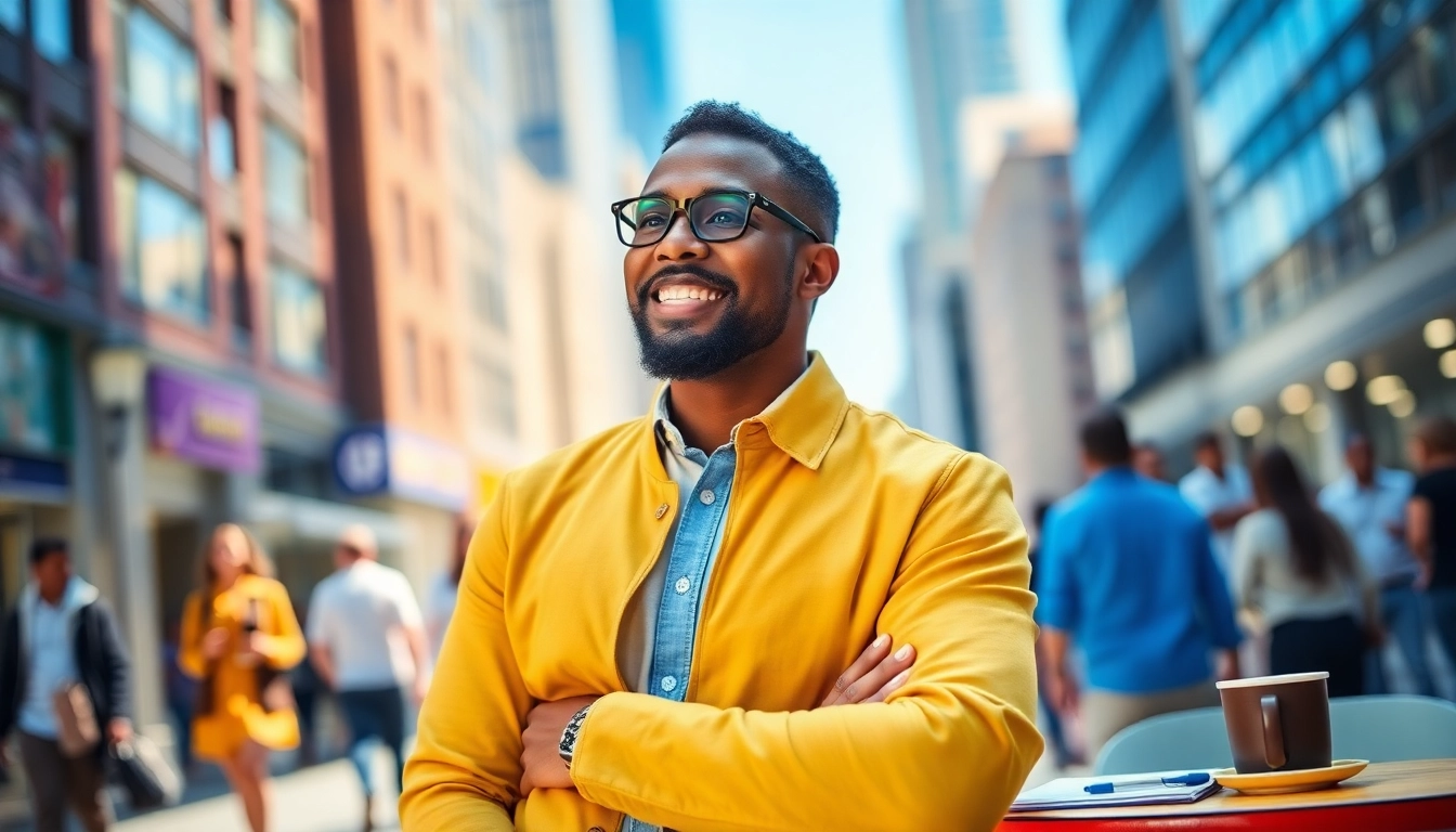 Chance Freeman engaging in conversation outdoors in a vibrant urban setting.