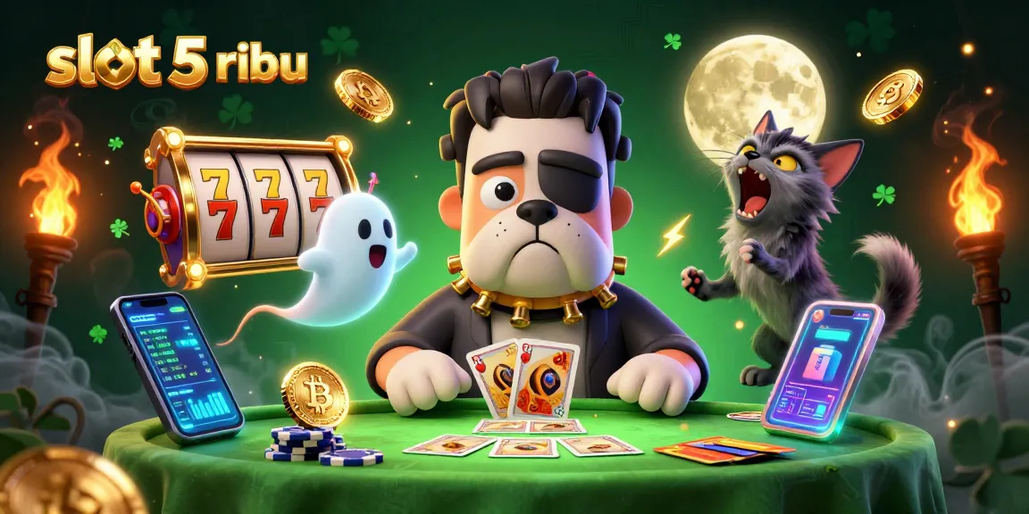 Experience the excitement of slot 5 ribu with a vibrant 3D illustration of casino characters and games.