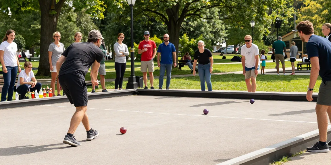 Aktivitas olahraga petanque di taman oleh fopikotatarakan.org, menunjukkan pemain beragam fokus melempar bola petanque.