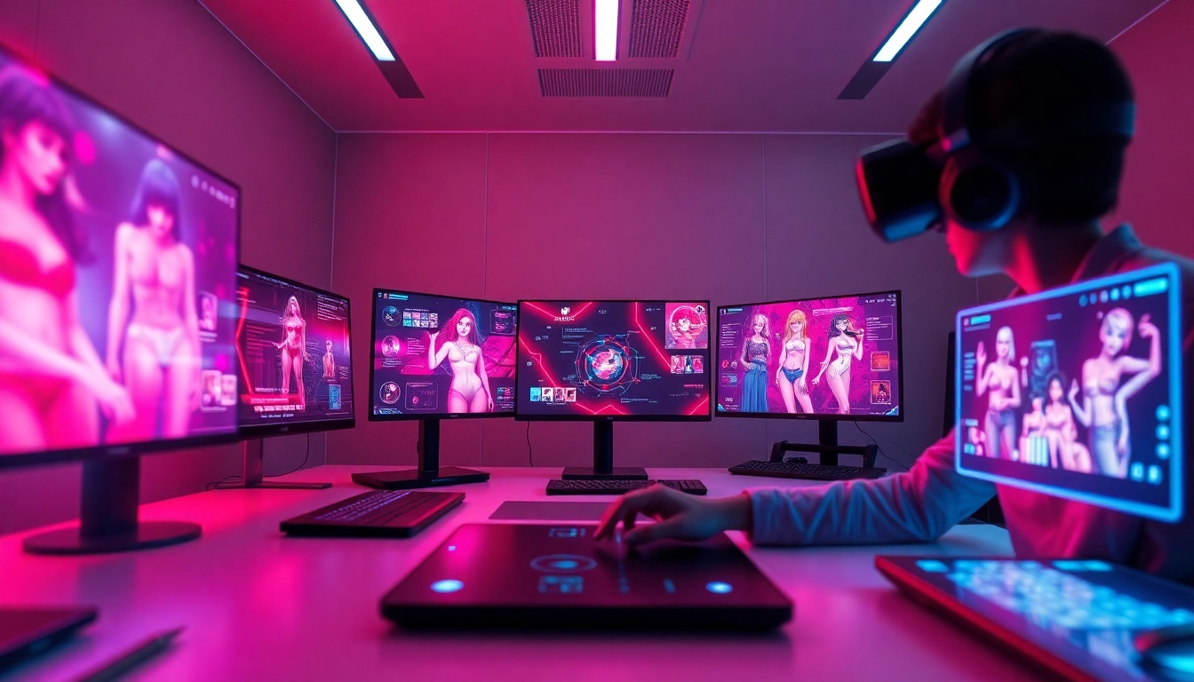 AI NSFW content creation workstation with vibrant visuals and advanced technology.
