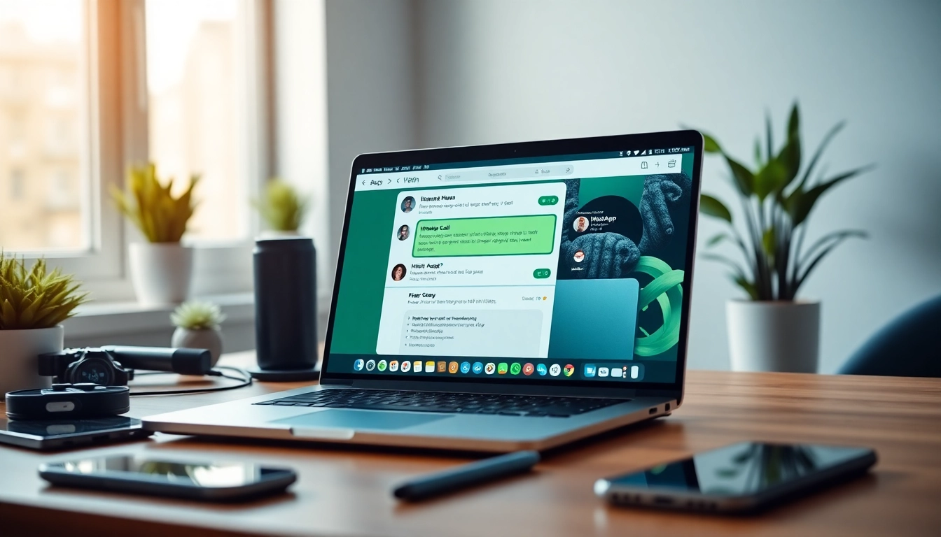 展示笔记本屏幕上带有 快连VPN 功能的 WhatsApp Web 的互动工作区。