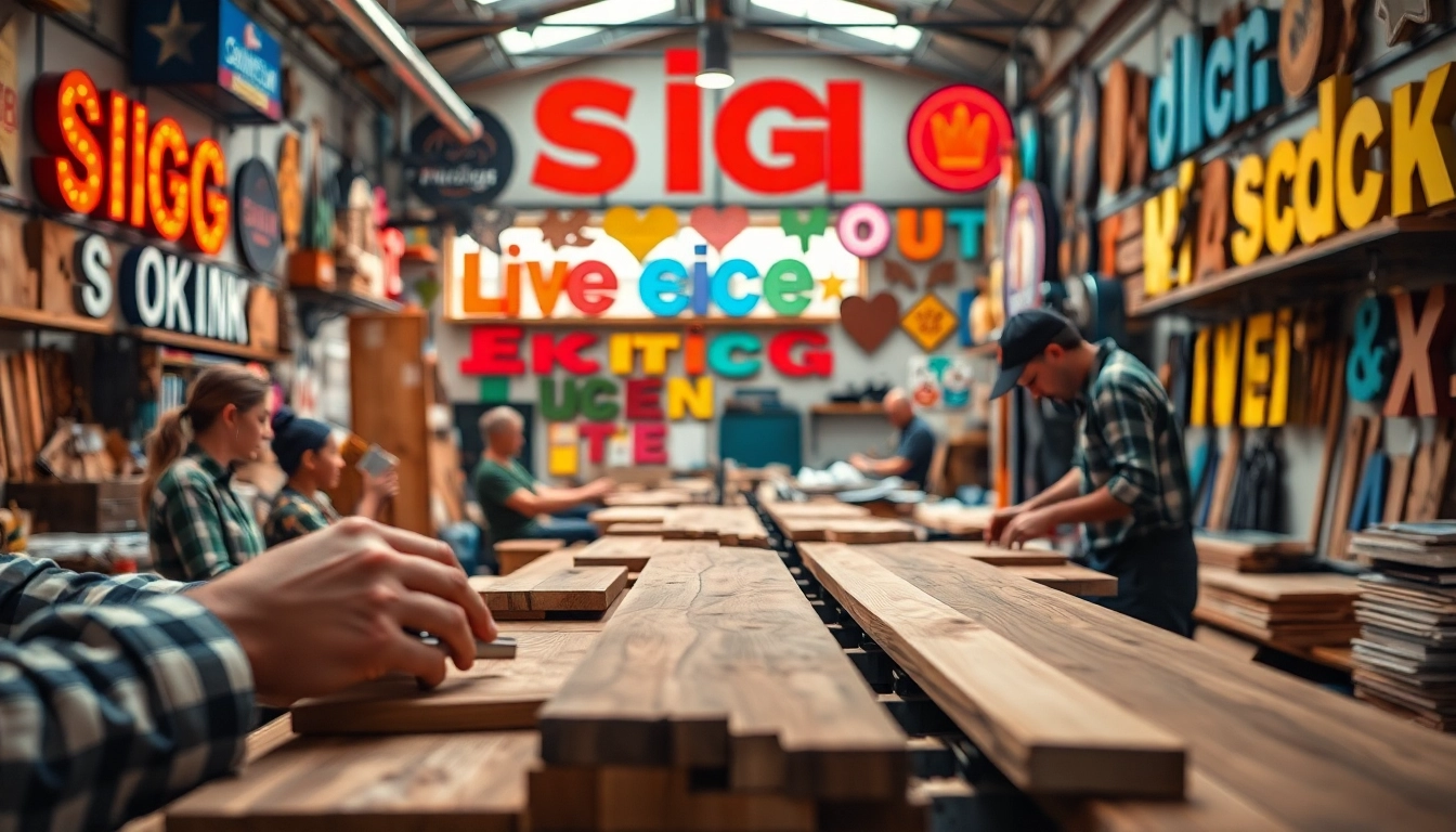 Experience sign manufacturing as artisans craft custom signs in a vibrant workshop.