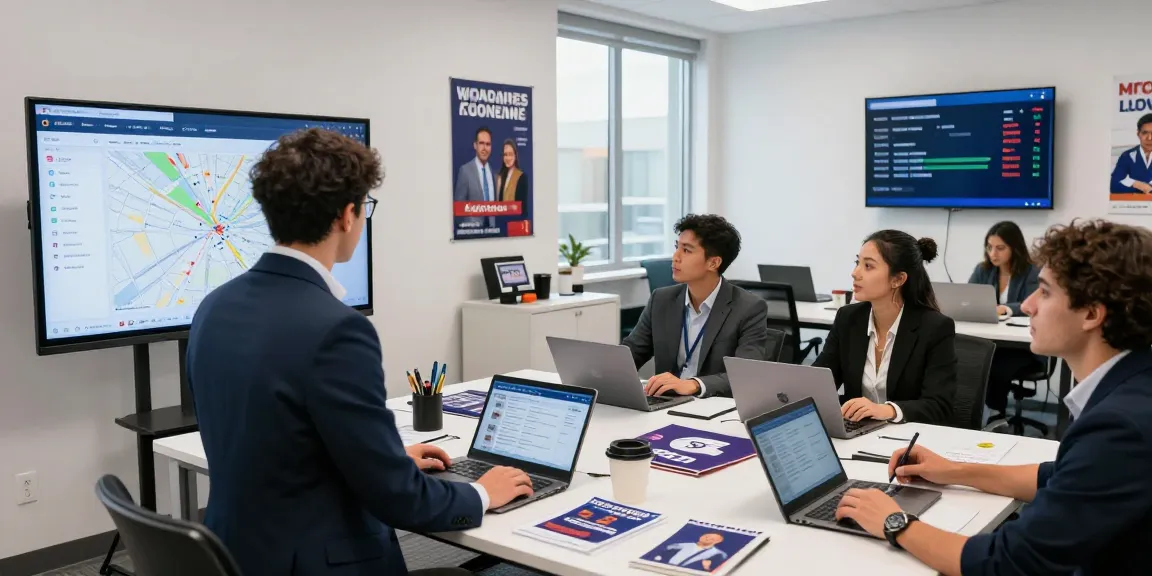 Engaging political campaign managers reviewing voter outreach services data in a modern office.