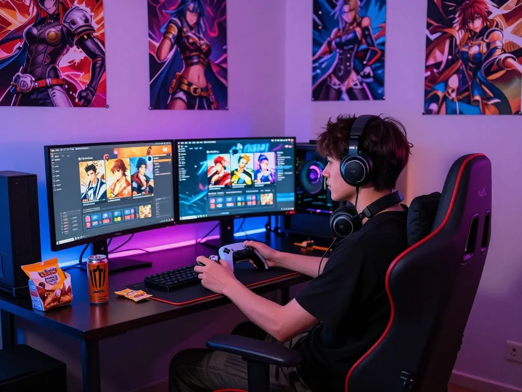 Engaged player enjoying a hentai game in a vibrant gaming setup.