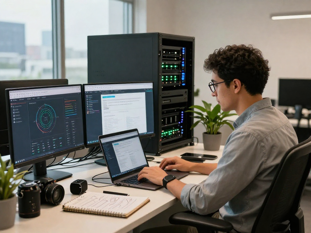 Web hosting Mexico professional IT specialist analyzing website performance data in a modern office.