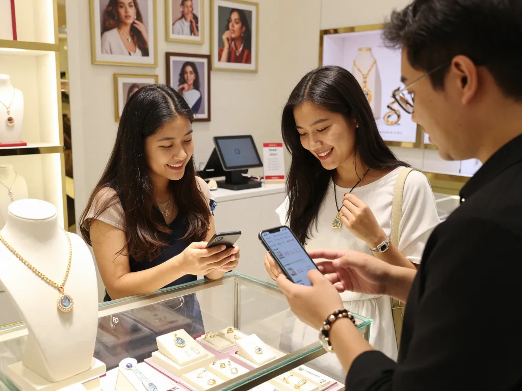 Customer exploring jewelry options while considering why not try here for latest trends in a stylish retail store.