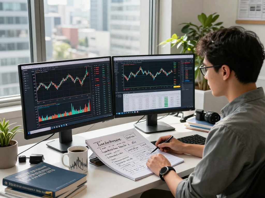Japan stock backtesting API interface in a vibrant trading workspace with stock charts and developer tools.