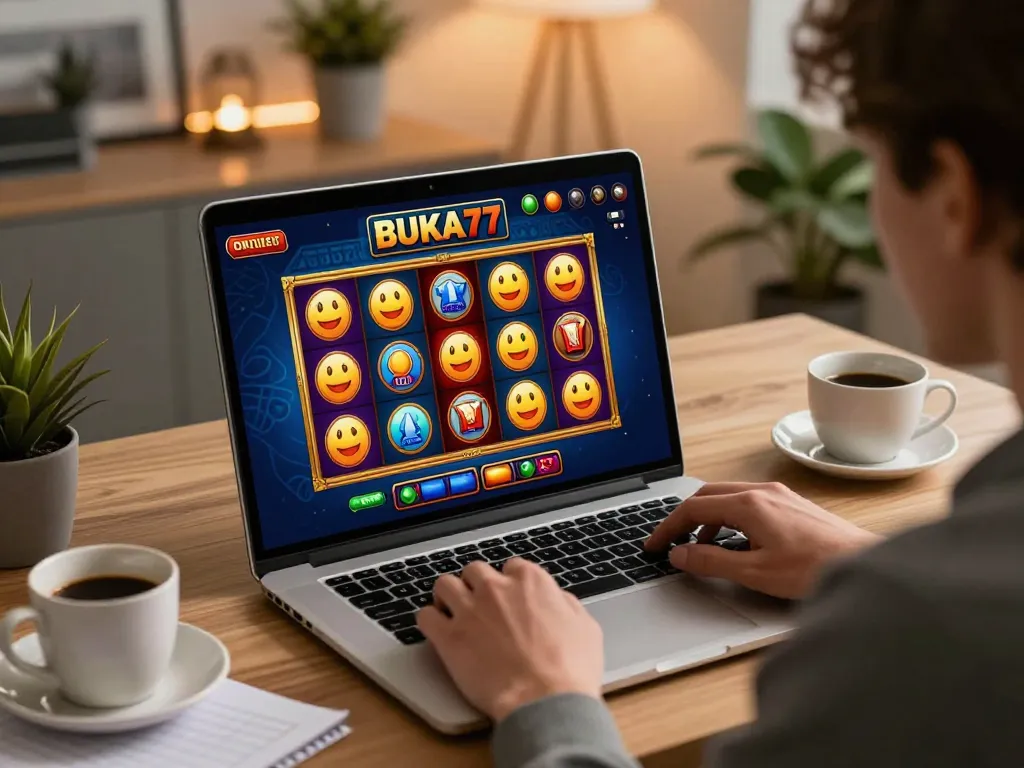 Engaging player enjoying BUKA77 SLOT on a laptop, showcasing vibrant game graphics.