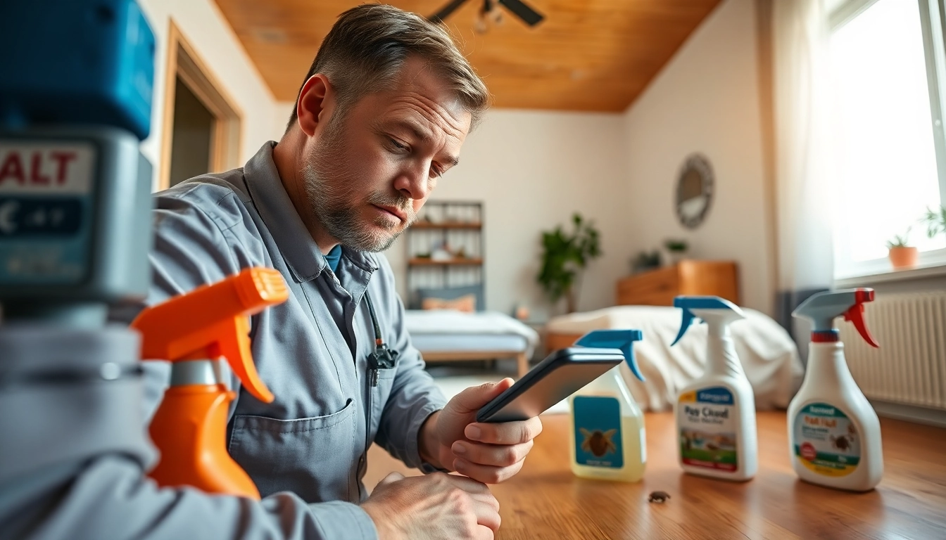 Professional pest control technician inspecting for bed bug company near me in a well-lit home setting.