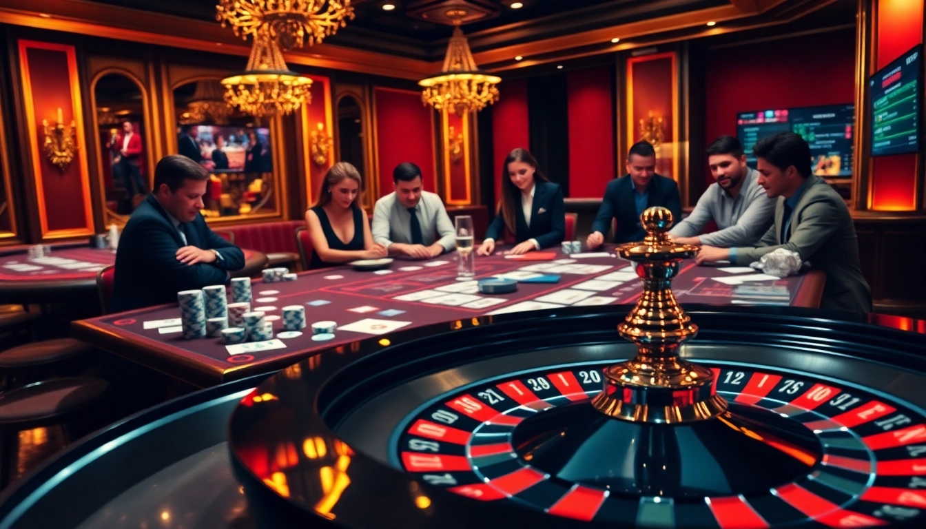 Des joueurs engagés profitent d'une expérience palpitante à une table de casino en ligne français, remplie de cartes et de jetons de poker.