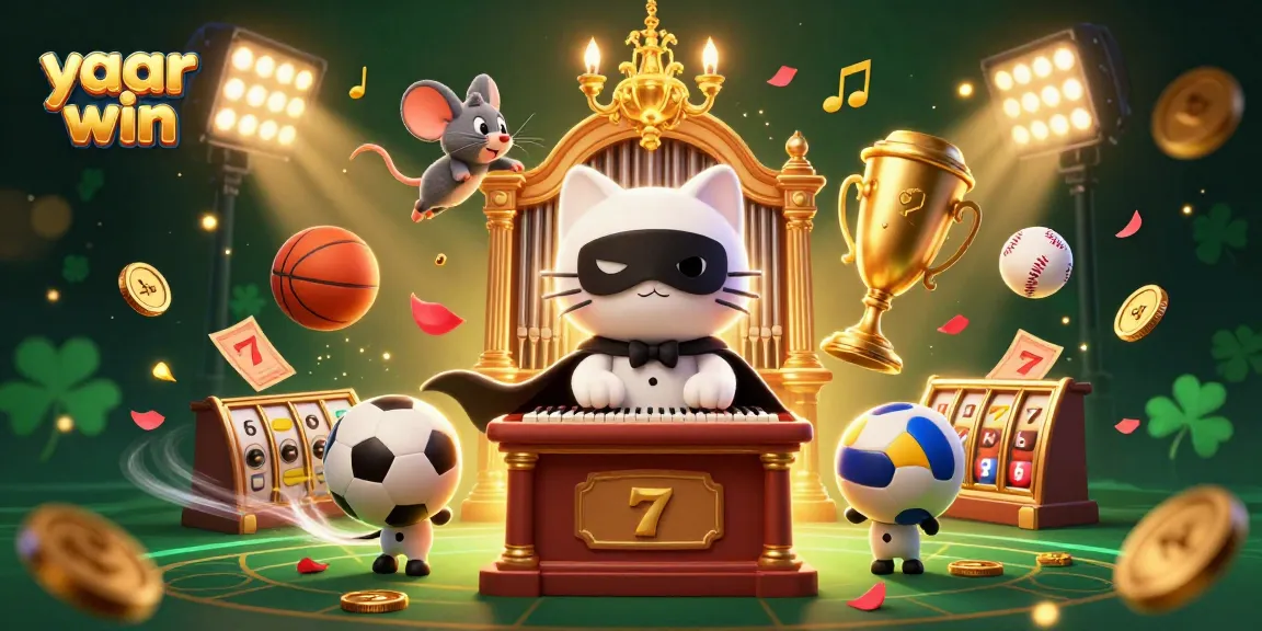 Experience yaar win at an exciting casino with cartoon characters, sports elements, and vibrant colors.