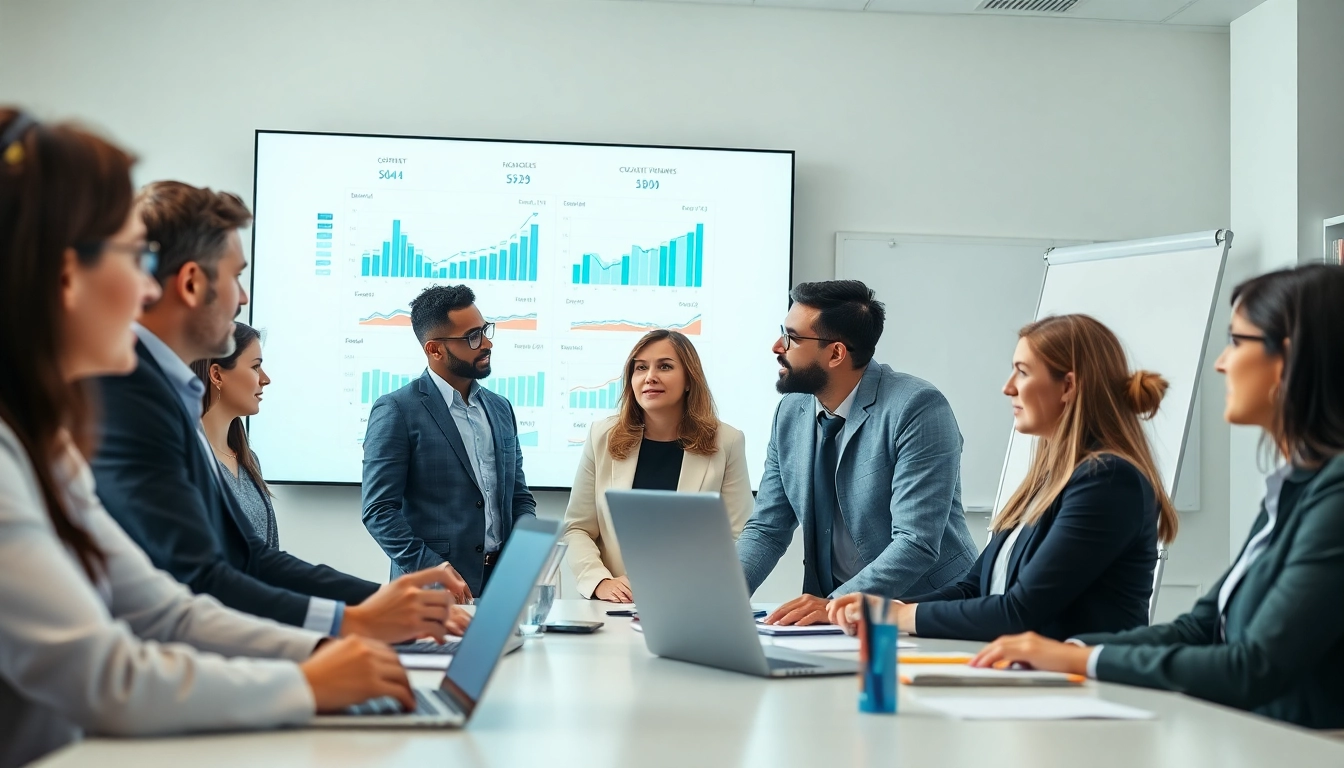 Analyze competitor pricing strategies with a diverse team in a modern office setting.