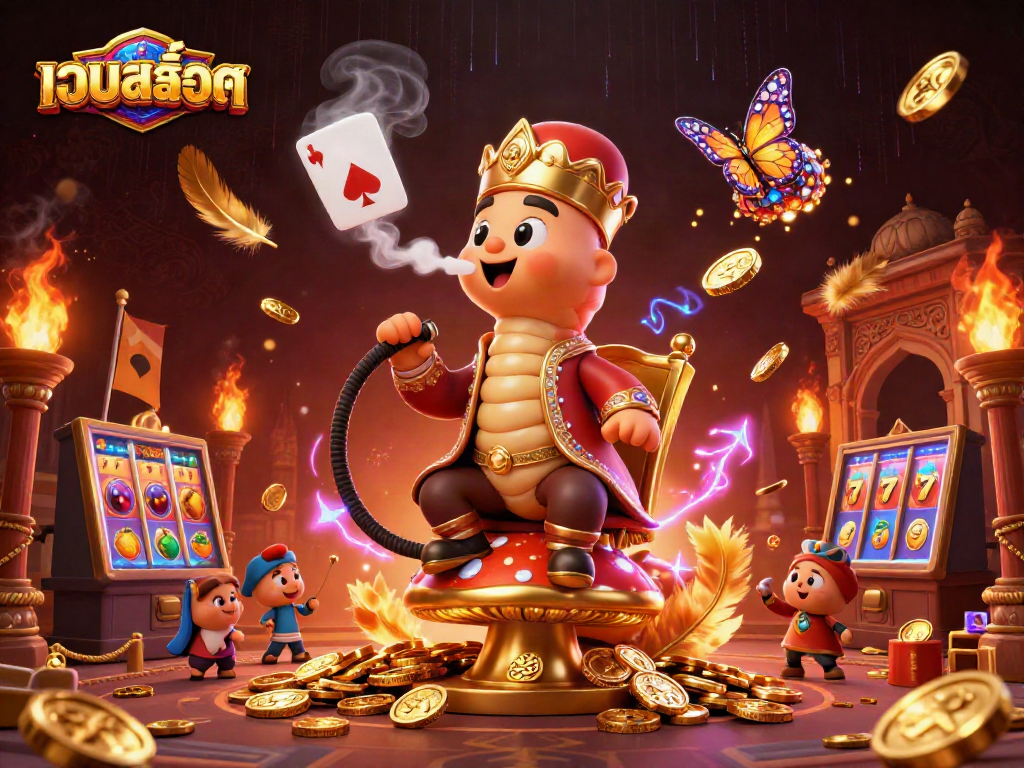 Spin เว็บสล็อต reels with a whimsical caterpillar hookah-master amid dazzling casino elements.