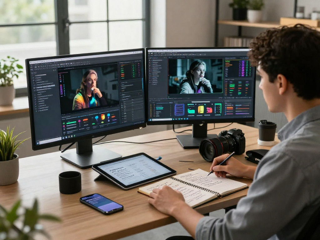 Detect AI image analysis in a modern tech workspace with dual monitors and content moderation tools