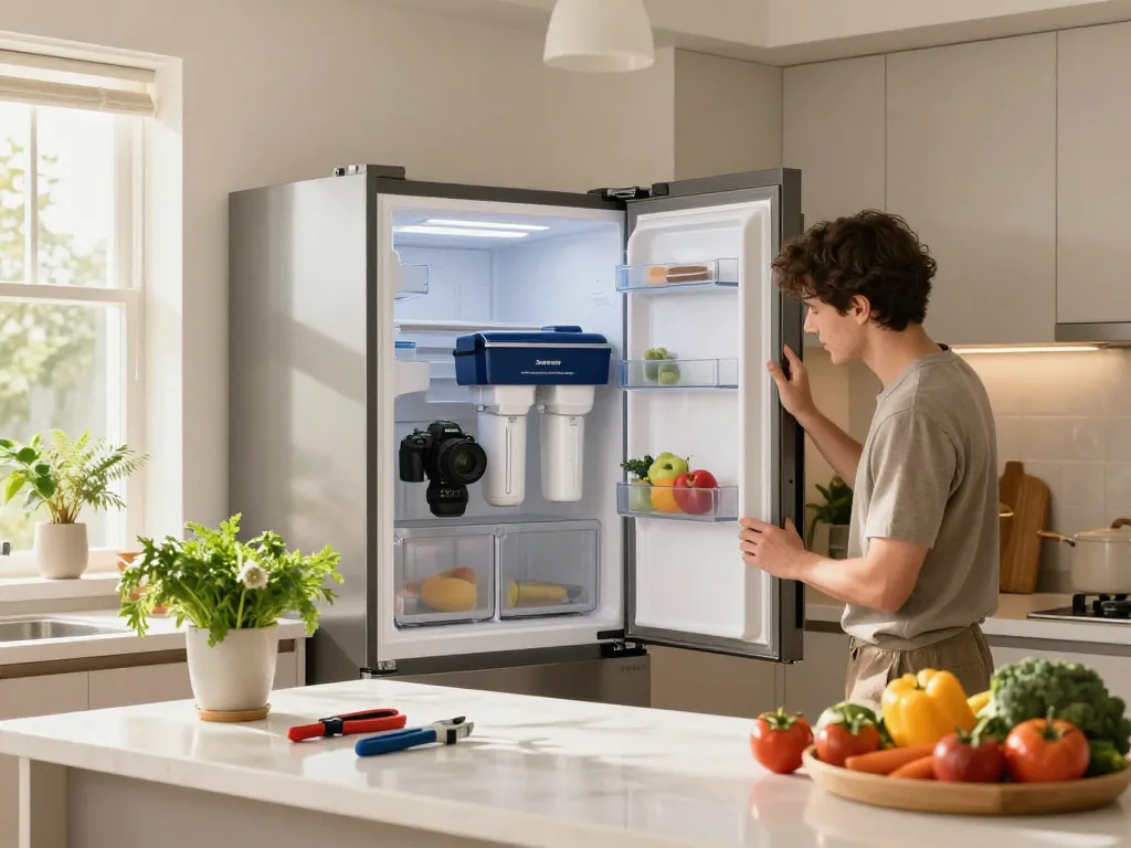 Installing the Filterlogic DA29-00020B Replacement for Samsung RF28HMEDBSR in a modern kitchen, showcasing DIY home improvement.