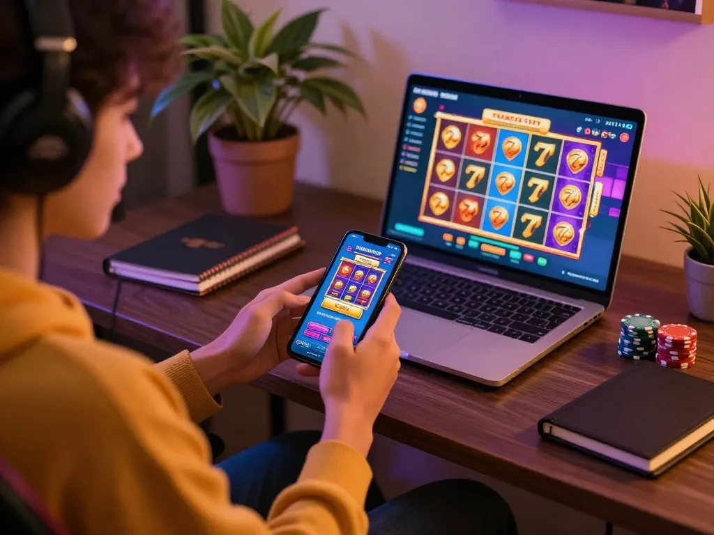 Play exciting slots on situs slot777 while enjoying a comfortable home gaming setup with colorful displays.