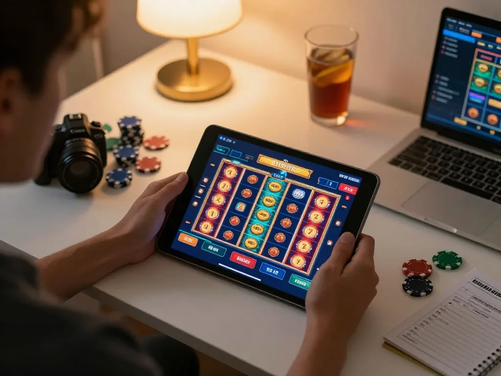 Engaging in casino online gratis senza registrazione at home with tablet showing vibrant slot gaming interface