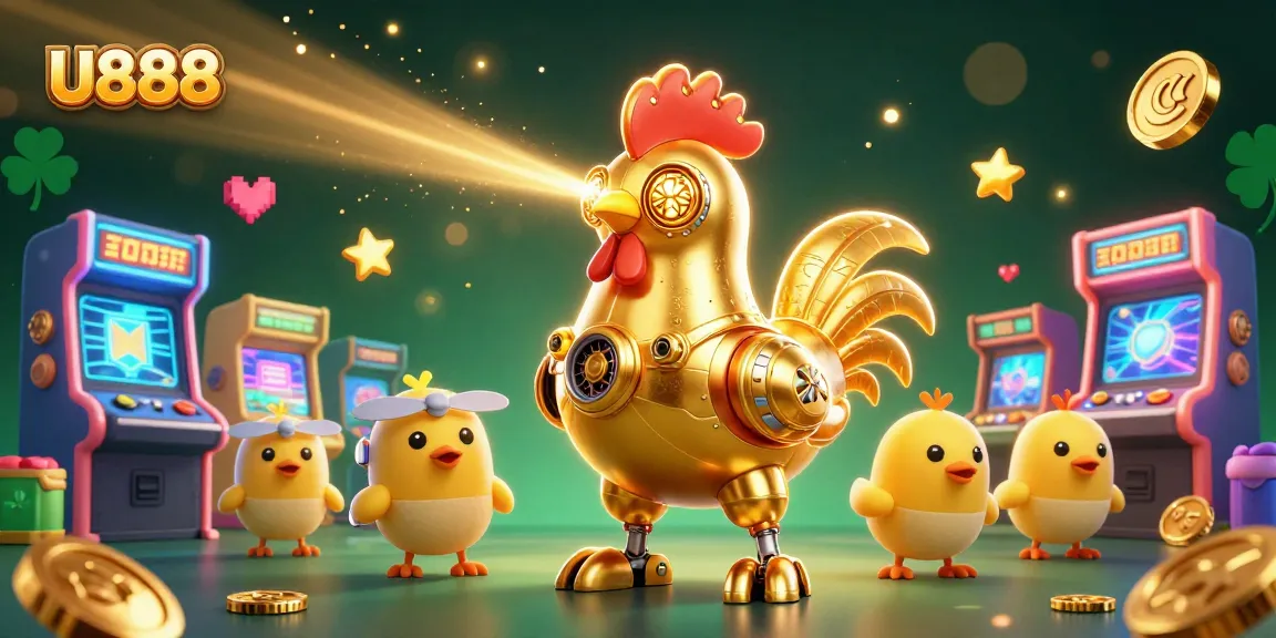 Experience the U888 gaming universe with a vibrant, action-filled 3D illustration featuring a golden rooster robot and arcade elements.
