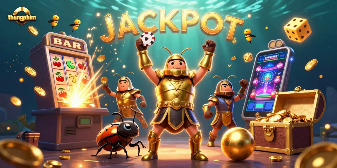 Engage in thungphim with a triumphant hercules beetle at a colorful casino jackpot scene.