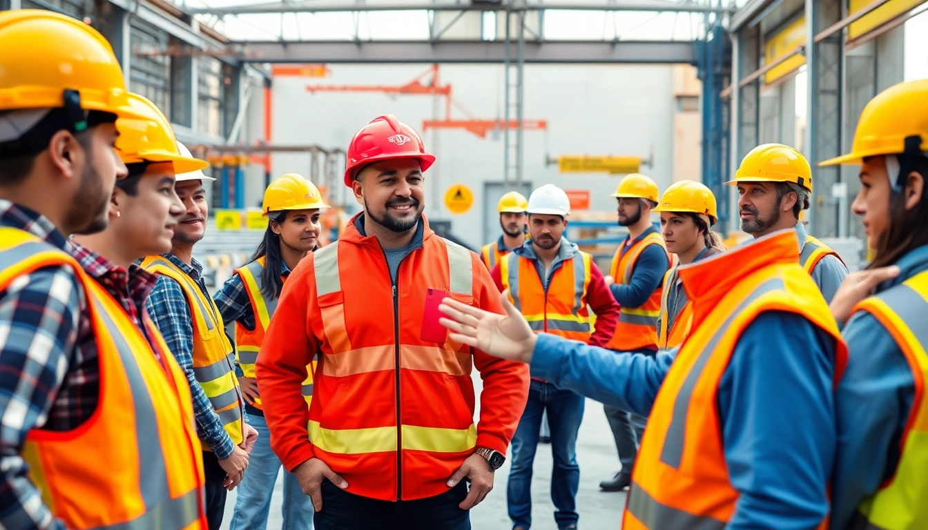 Workers participating in construction safety training with proper gear and equipment.