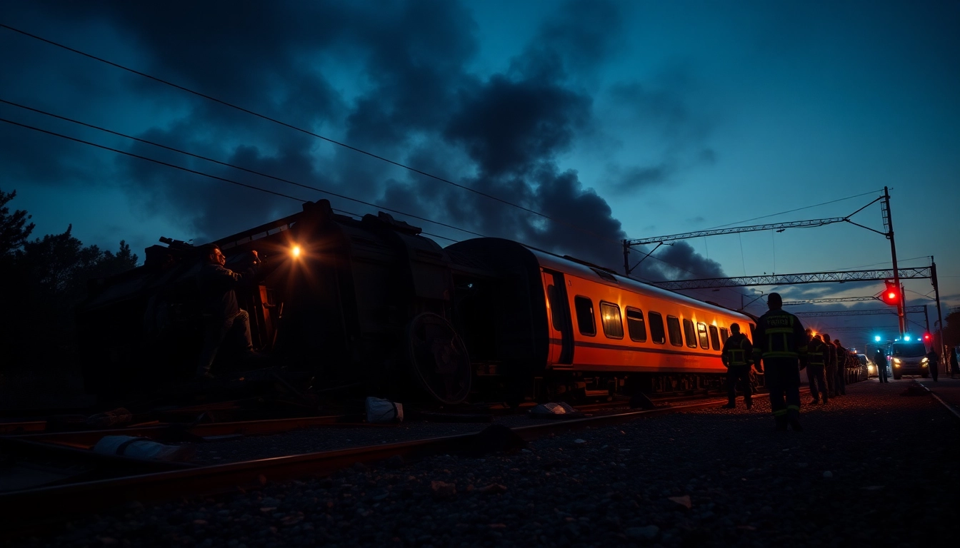 First responders assess the spain train crash site with a derailed train amidst smoke and debris.