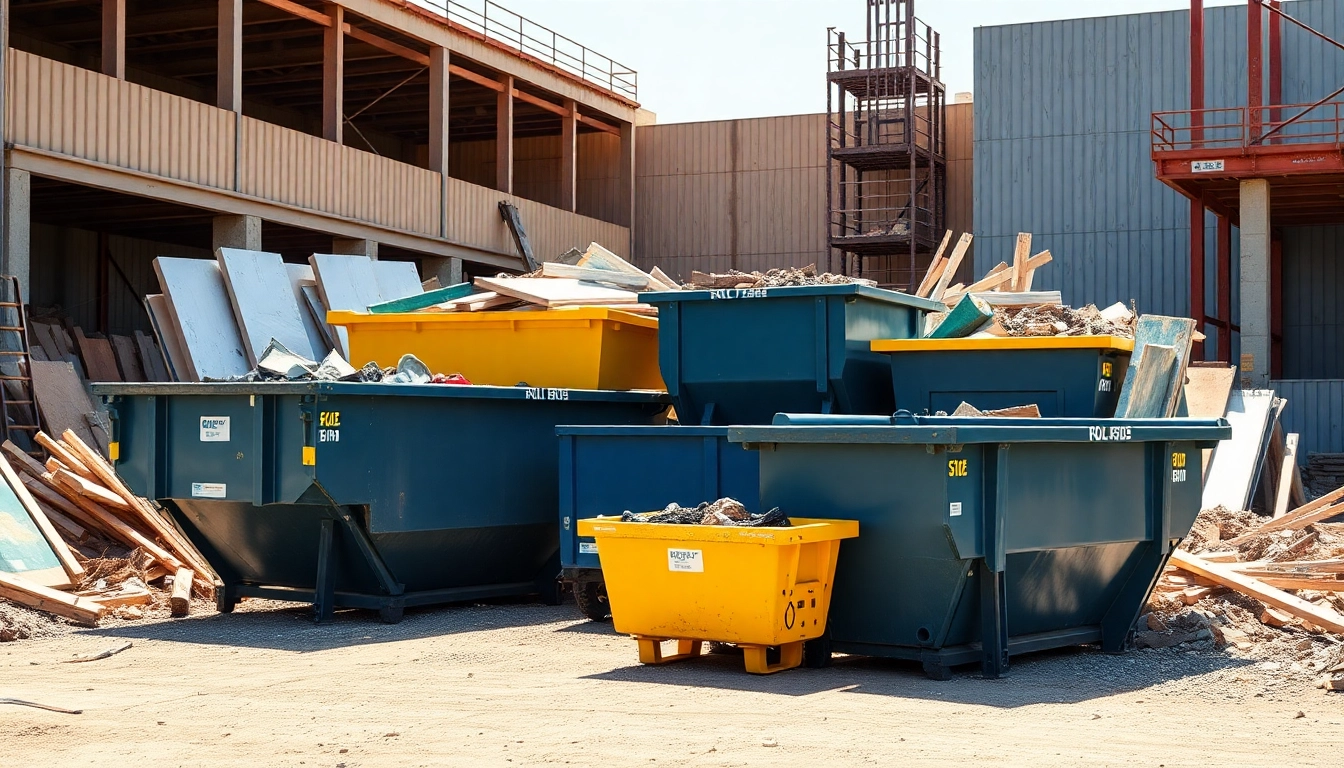 Efficient roll off bins collecting debris at a construction site, showcasing diverse sizes.