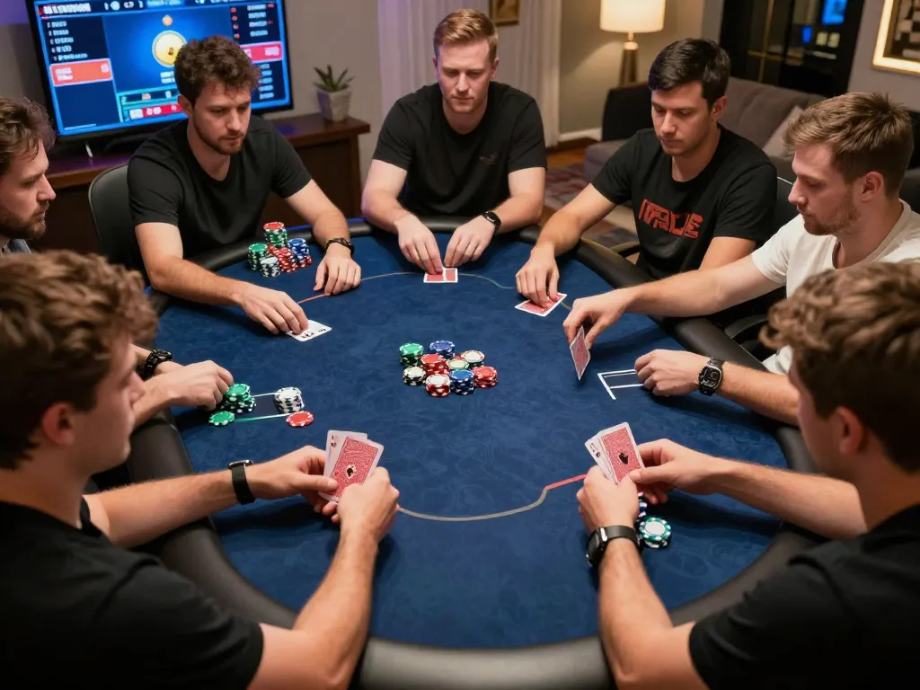 Players engaging in strategic poker gameplay while using hitclubapk app from a cozy home setting.