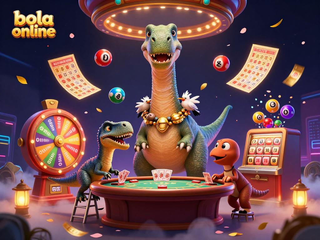 Bola online lottery action with brontosaurus, raptor dealer, and colorful balls in a vibrant casino scene.