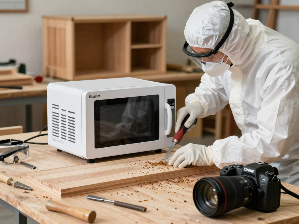 Shashel® microwave device in action treating wooden furniture for woodworm, showcasing professional pest control techniques.