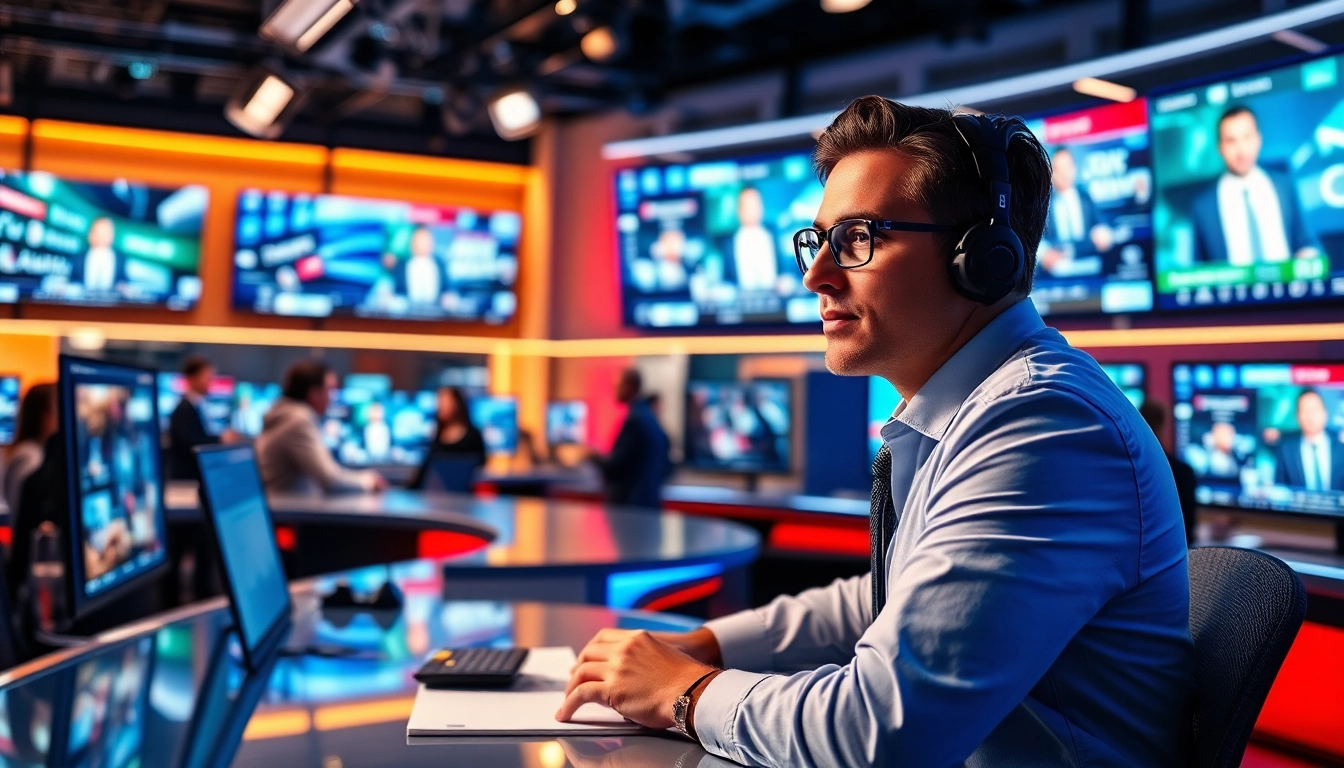 Journalist covering live news in a dynamic newsroom environment.