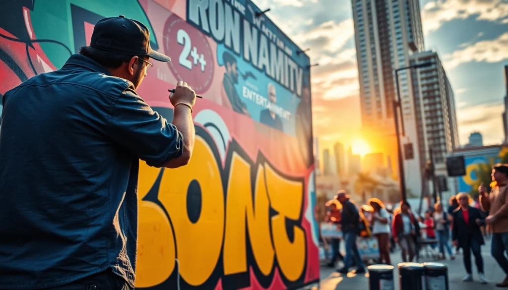 Engaging mural representing iron tv, depicting urban entertainment in a colorful street art style.