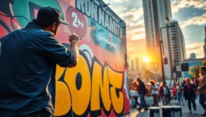 Engaging mural representing iron tv, depicting urban entertainment in a colorful street art style.