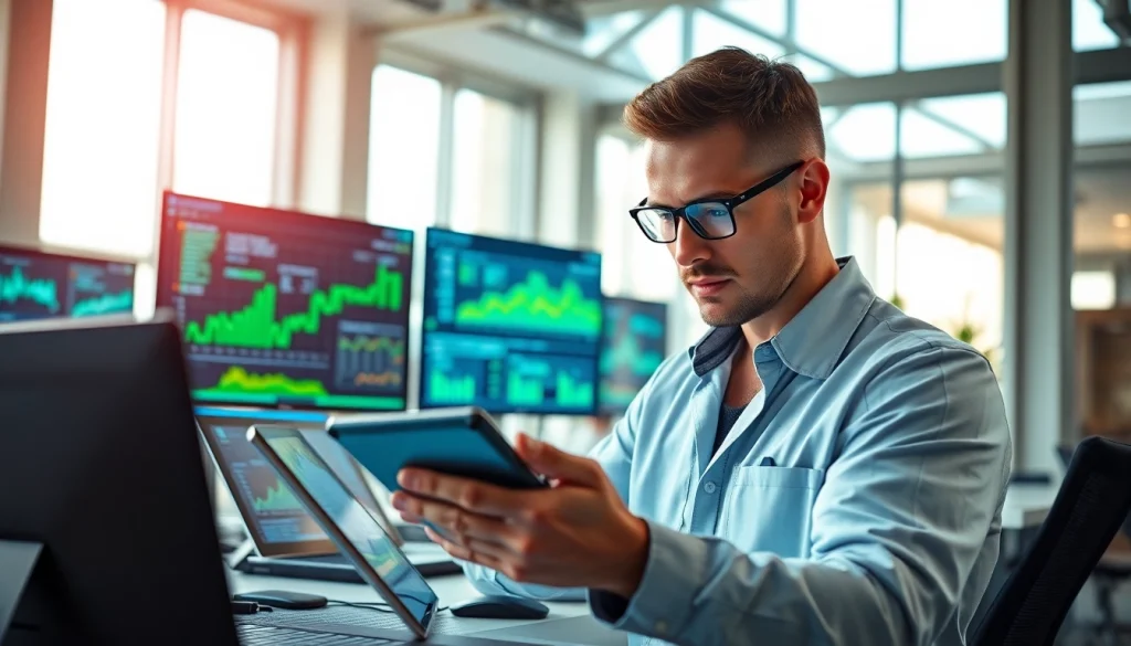 Engineer utilizing advanced Technology in a modern office environment, showcasing high-tech devices and a bright atmosphere.