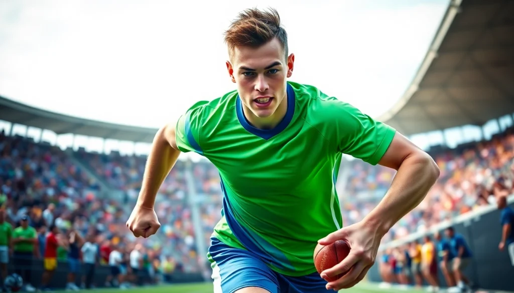 Chance Freeman demonstrating athletic prowess in a vibrant sports setting, showcasing energy and determination.