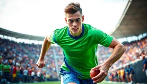 Chance Freeman demonstrating athletic prowess in a vibrant sports setting, showcasing energy and determination.