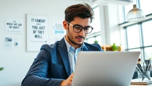 Finding a job in chicago with a job seeker focused on their laptop in a bright office.