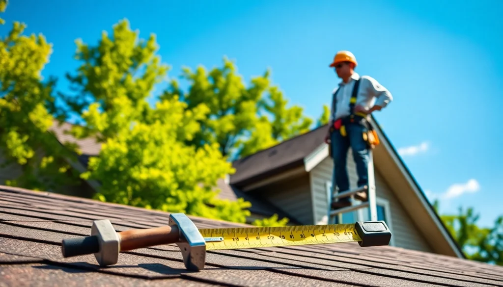 Inspecting professional roofing services on a residential home with a contractor in action.