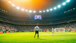 축구중계 실시간 방송 중계 상황에서 열광하는 팬들과 경기 중인 선수들 모습