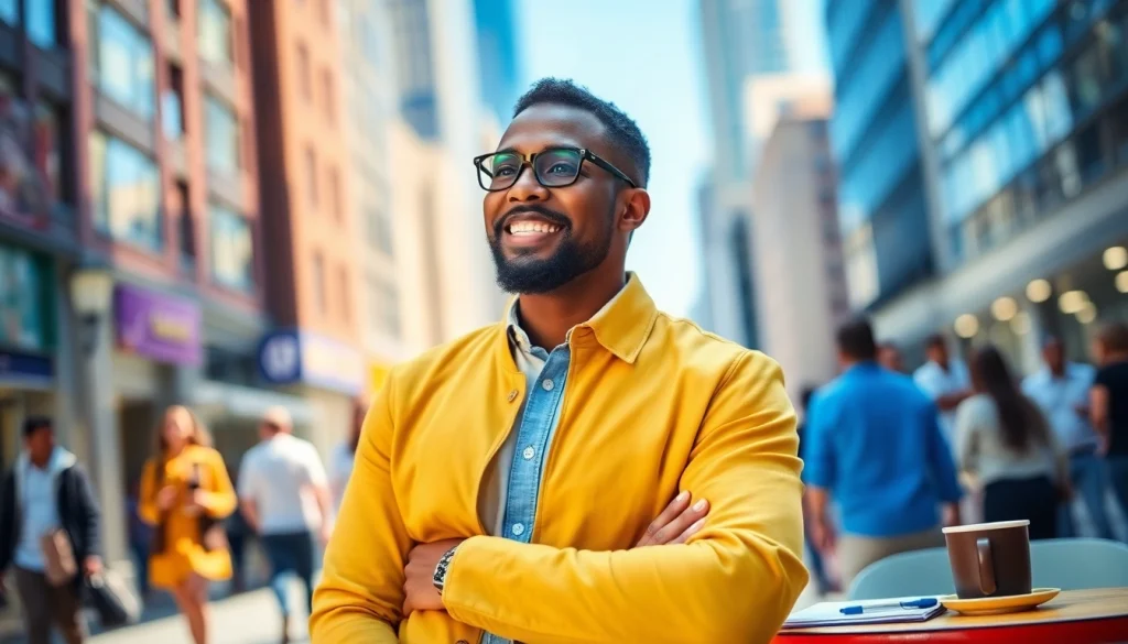 Chance Freeman engaging in conversation outdoors in a vibrant urban setting.