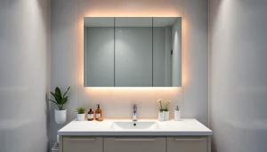 Zeigt einen eleganten spiegelschrank led im modernen Badezimmer mit sanfter Beleuchtung.