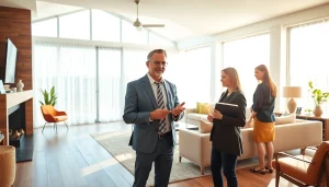 Showcasing a real estate agent interacting with clients in a modern living room.