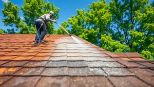 Roof cleaning service showcasing a technician using eco-friendly methods to remove algae from a residential roof.