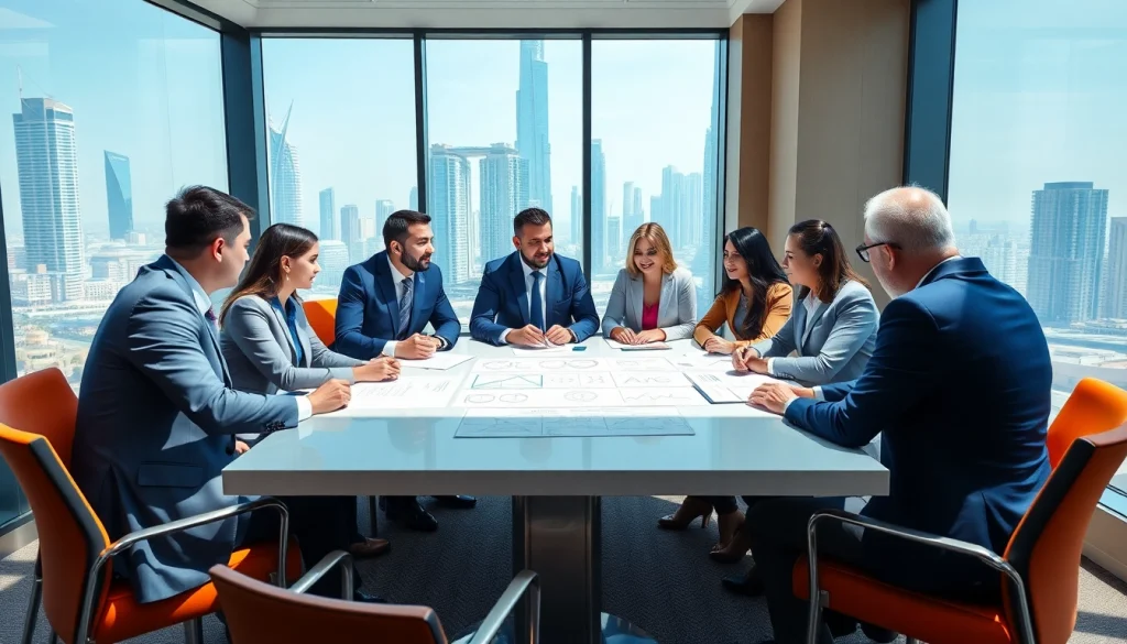 Business Consultants in Dubai strategizing during a meeting with a skyline view.