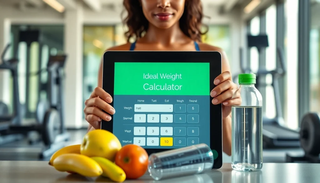 Using an ideal weight calculator on a tablet in a modern gym setting, promoting healthy lifestyle choices.